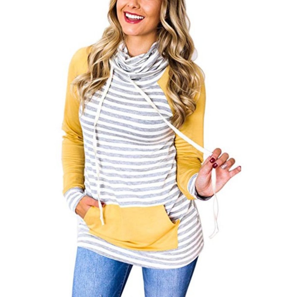Yellow Stripe Cowl Neck Drawstring Sweatshirt XL